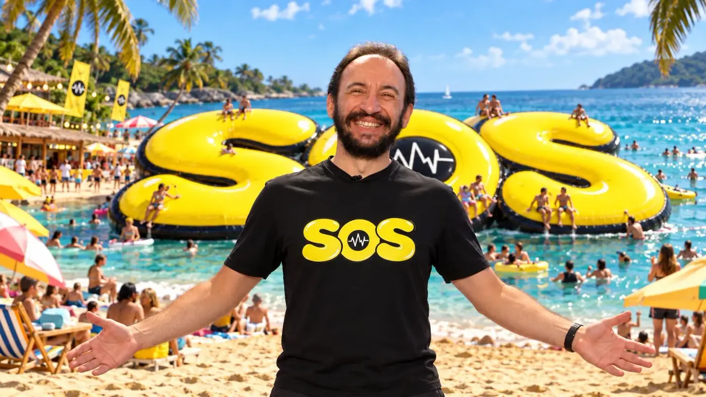 Professor do Aprova com camiseta SOS na praia